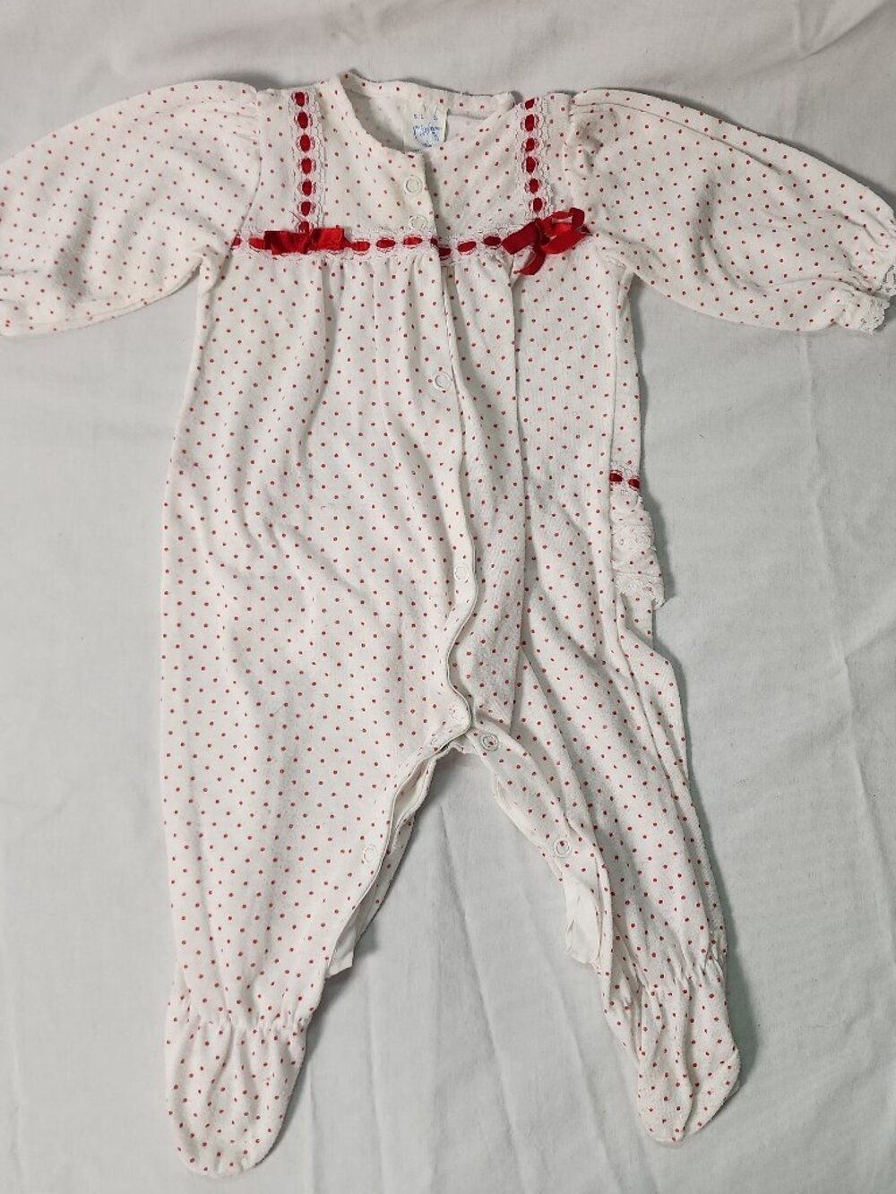 Moonbeams Baby Girl Footie Pajamas 3M‎ White Red Polka Dot Rosebud Lace Bows VTG